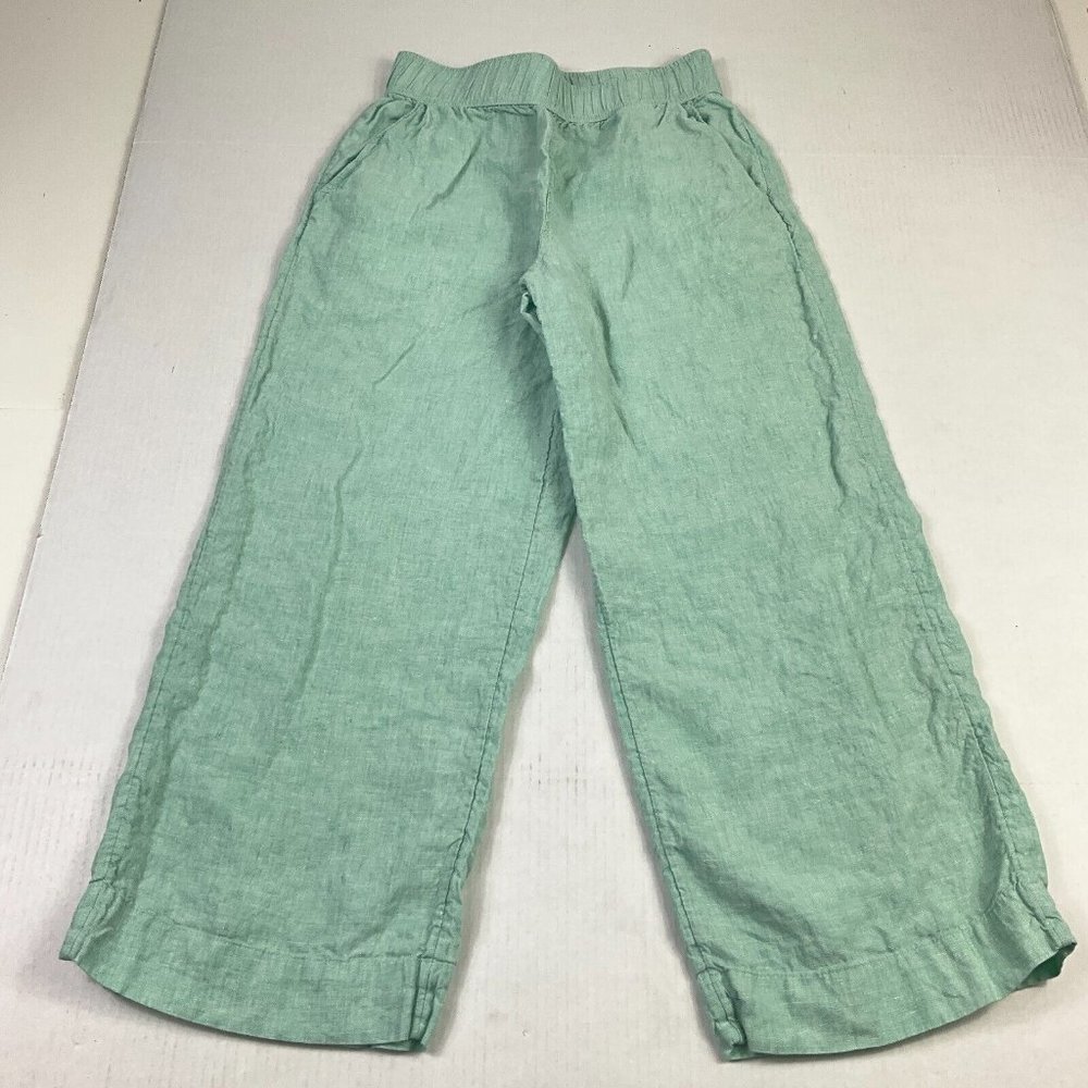 Tahari Womens Linen Pants Green Pull On Elastic Waist Straight Leg Pockets Small